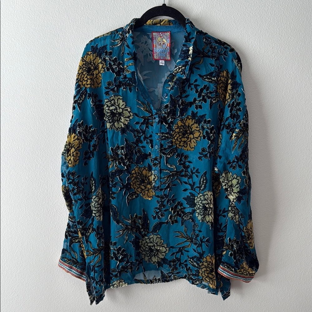 Johnny Was Floral Teal and Yellow Women's Top